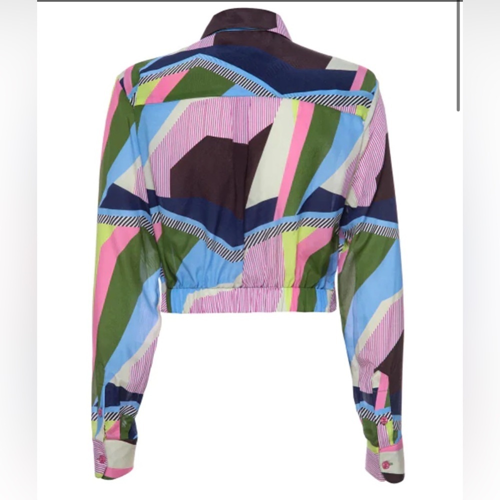 Le Superbe silk Interrupted Pattern Sunset Tower Tuck Blouse Colorful Geometric - Picture 3 of 8